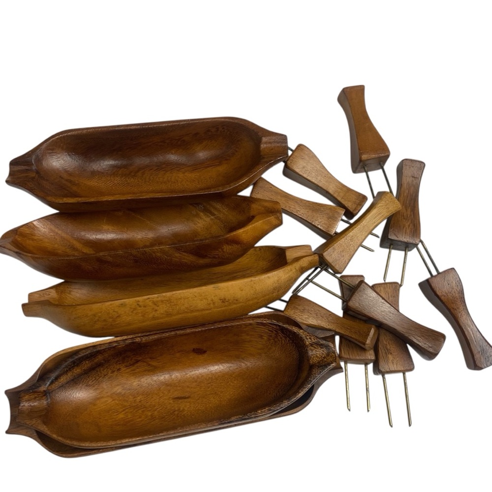 Vintage MCM Corn Holders and Boats Monkey Pod Set of 5 Wood - Picture 10 of 10